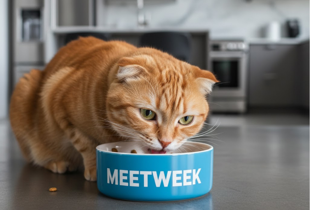 Кот ест сухой корм MeetWeek из миски